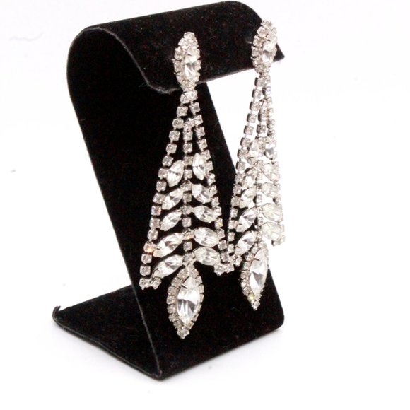 Vintage 90's Rhinestones Rhodium Plate Fancy Bridal Dangle Long Post Earrings - Picture 6 of 10